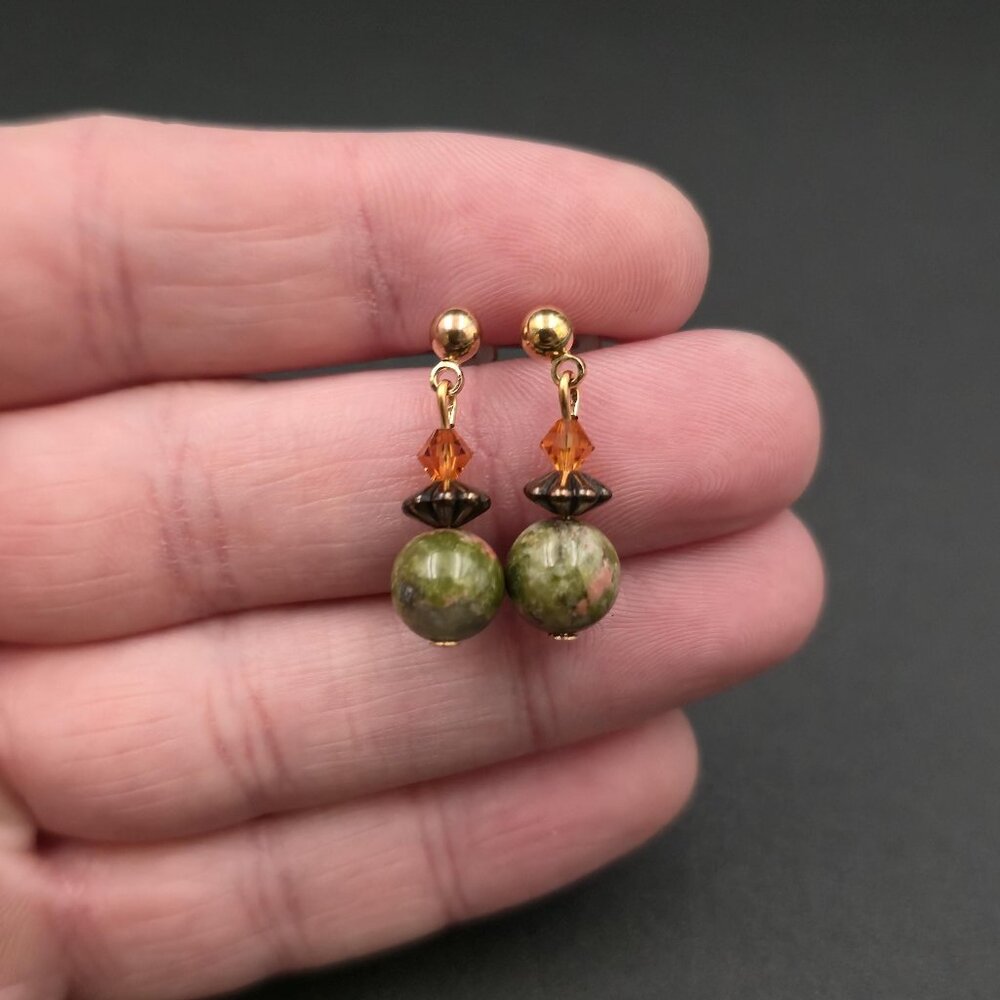 Gold Plated Unakite Stone Dangle Earrings A6926